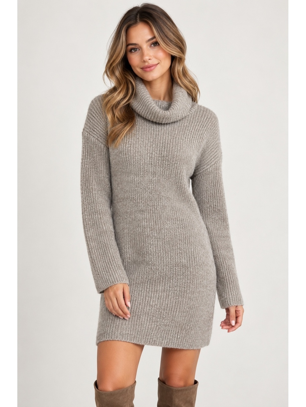 Abercrombie & Fitch XS Ribbed Cowl Neck Sweater Dress Gray Taupe Long Sleeve